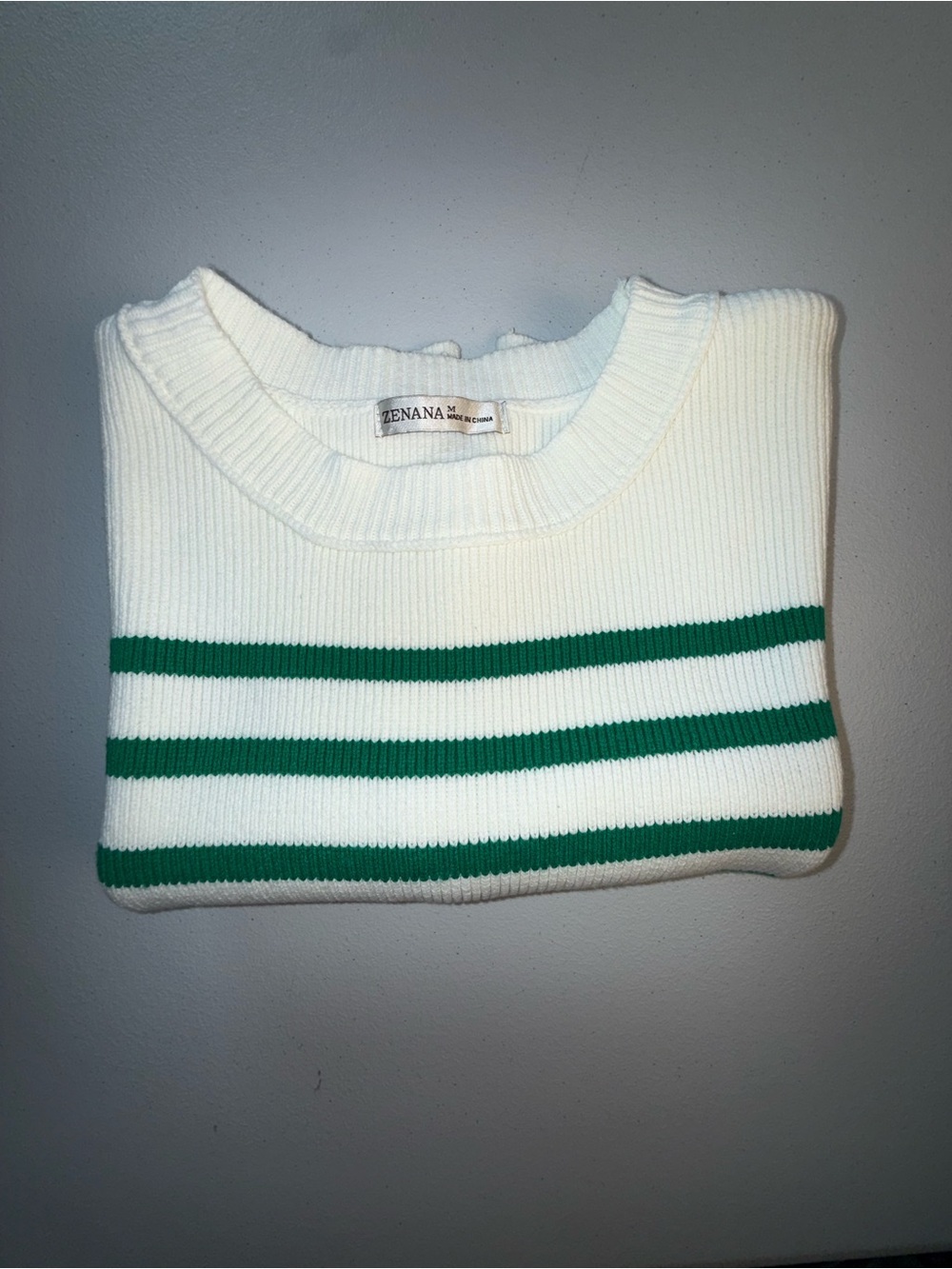 Zenana Oversized Striped Sweater Vest Medium Green White Crew Neck Knit Top - Picture 2 of 8